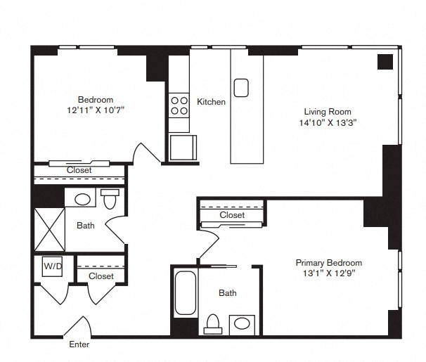 Floor plan for 2 beds, 2 baths, 1076 sqft